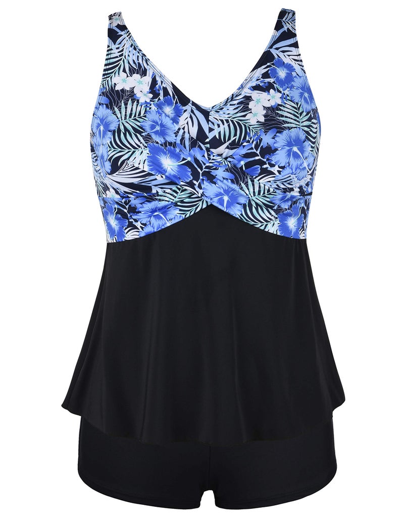 Septangle Womens Two Piece Swimsuit High Waisted Athletic Slimming Bathing Suits Tummy Control Vintage Flowy Tankini with Shorts Blue,US16 - Image 1